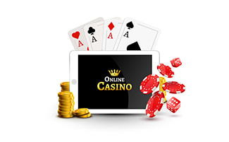 Jogue jogos de cassino em um tablet, cartas, fichas e dados