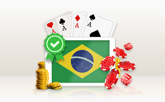 Fichas de cassino, cartas, dados, dinheiro e a bandeira brasileira