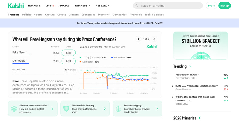 Página principal da plataforma Kalshi